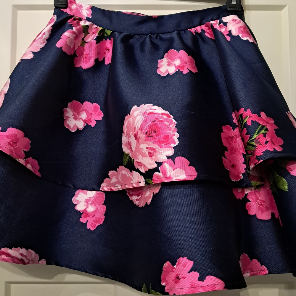 B Darlin Floral Skater Skirt in Navy and Pink